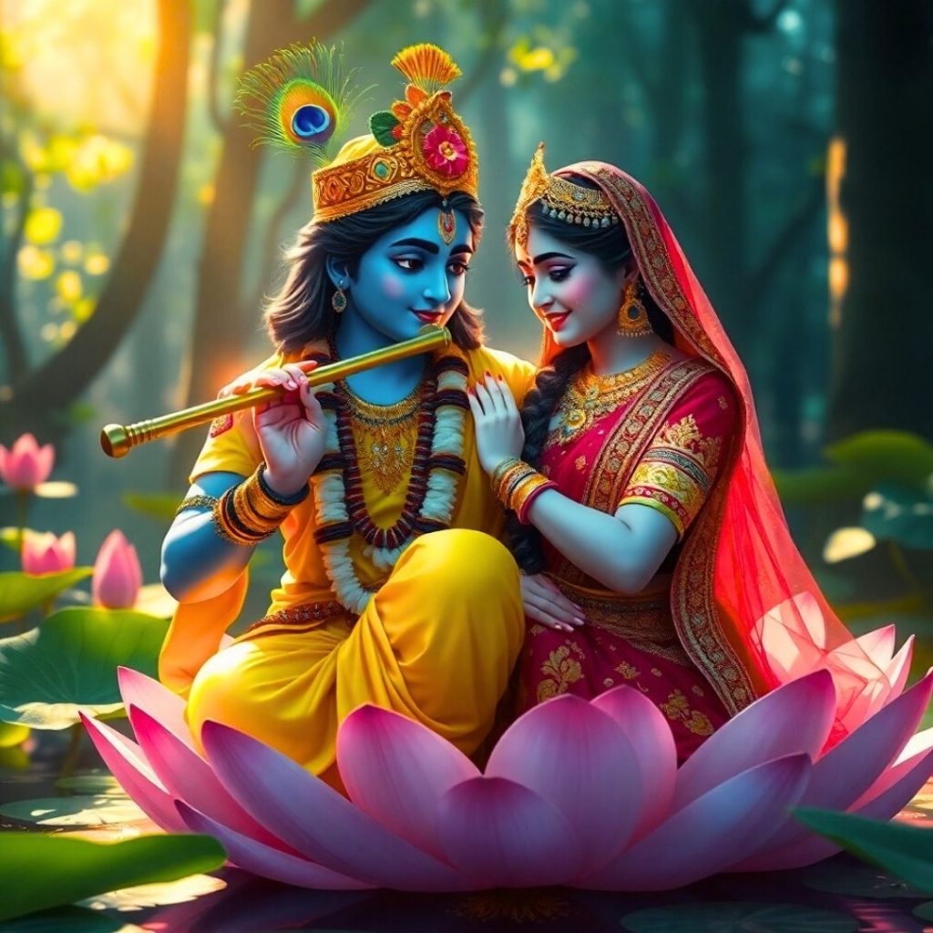 hindu lord radha krishna sitting in flower 